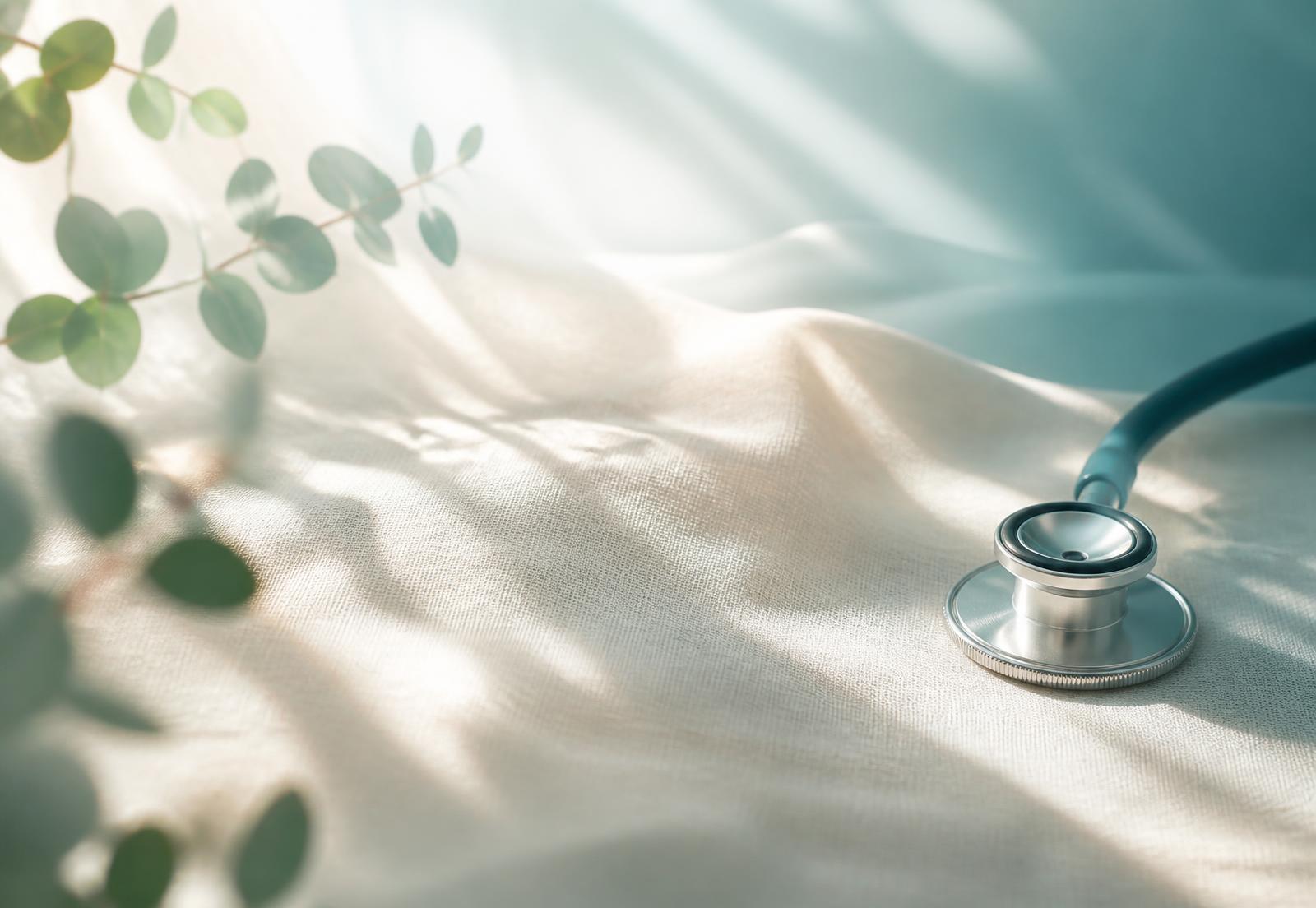 Stethoscope resting on soft ivory linen beside eucalyptus leaves